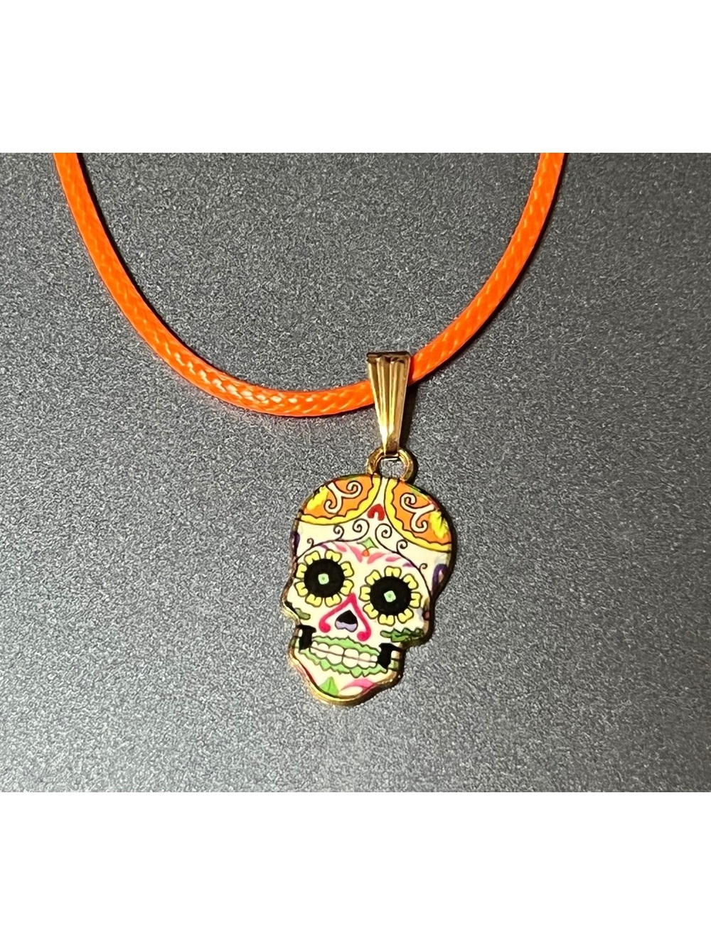 Vibrant Sugar Skull Pendant Necklace with Orange Cord